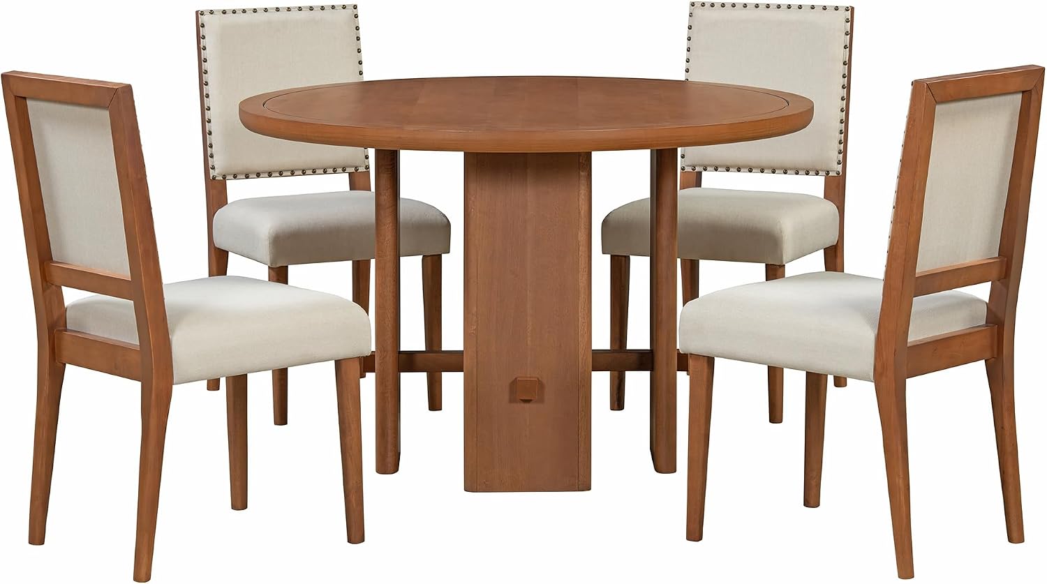 Merax 5-Piece Round Dining Table Set for 4, Minimalist Farmhouse Dining Table with 4 Upholstered Chairs, Kitchen & Dining Room Sets, Beige+Brown