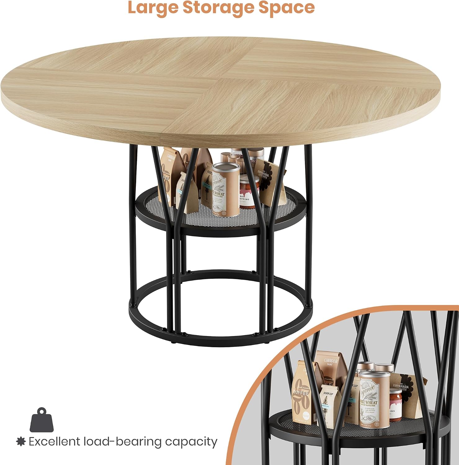 Garvee Round Dinning Table for 4-6 - 47' Circle Dinner Table with Storage Shelf & Sturdy Metal Frame, Modern Breakfast Tea Desk for Kitchen, Living Room, Apartment, Office, Natural