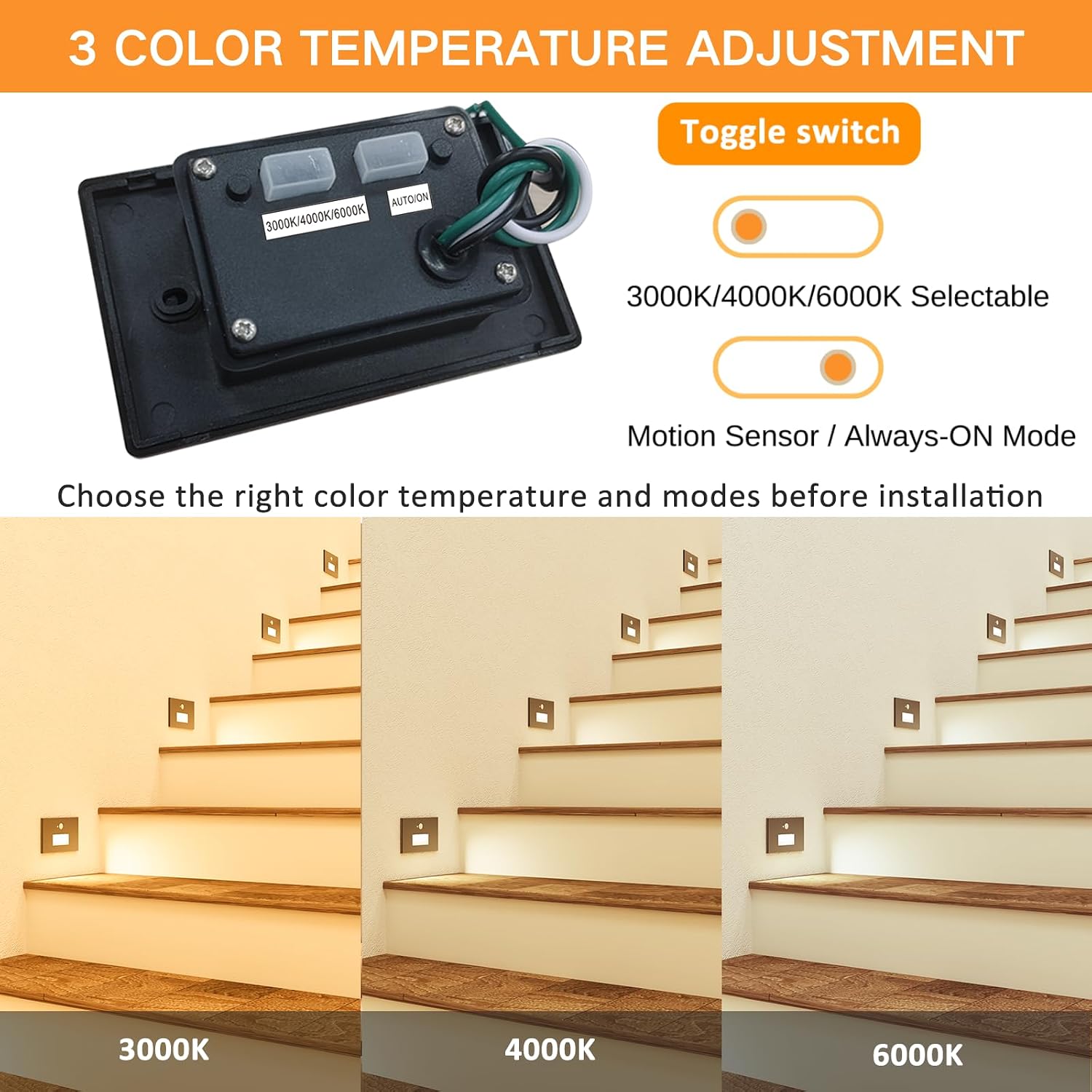8 Pack Motion Sensor LED Step Lights, 3CCT 120V Hardwired Indoor Outdoor Stair Light, 3.5W 150LM 5%-100% Dimmable Waterproof Staircase Light, 3000K/4000K/6000K, Dimmer Switch, ETL, Black