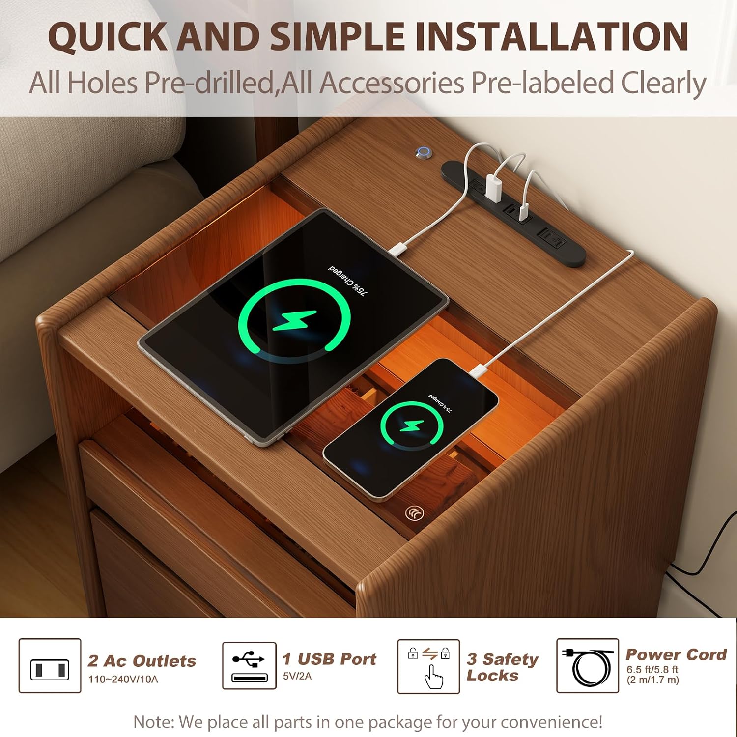 Solid Wood Nightstand,LED Nightstand with Charging Station,Narrow Bedside Table with Jewelry Box,Small Night Stand with Wheels,Modern Night Stand for Bedroom,Living Room,Dressing Room