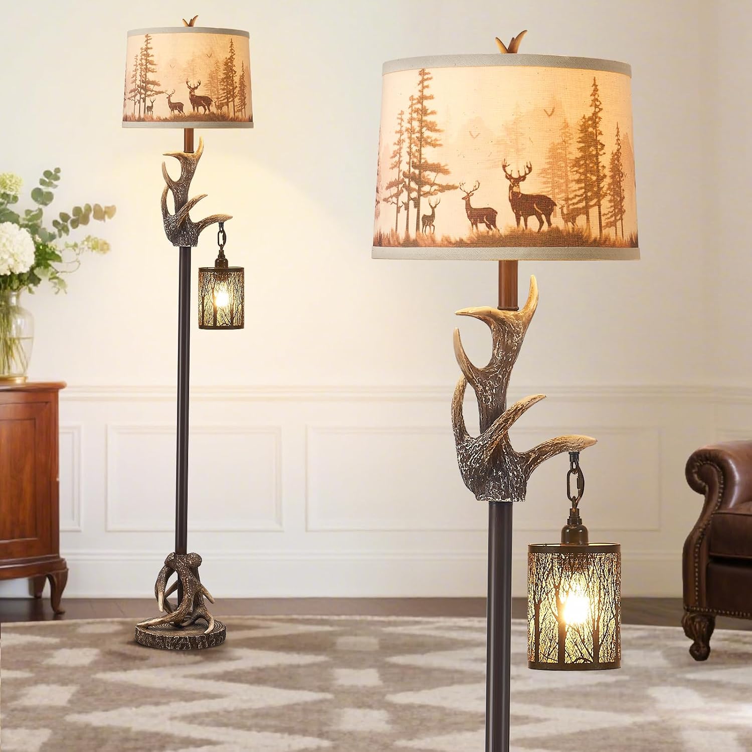 Rustic Deer Antlers Floor Lamps with Forest-Style Nightlight Finish Shade Lamps, Vintage Farmhouse Antlers Floor Lamp for Living Room Bedroom Office Study House (Bulbs Included)