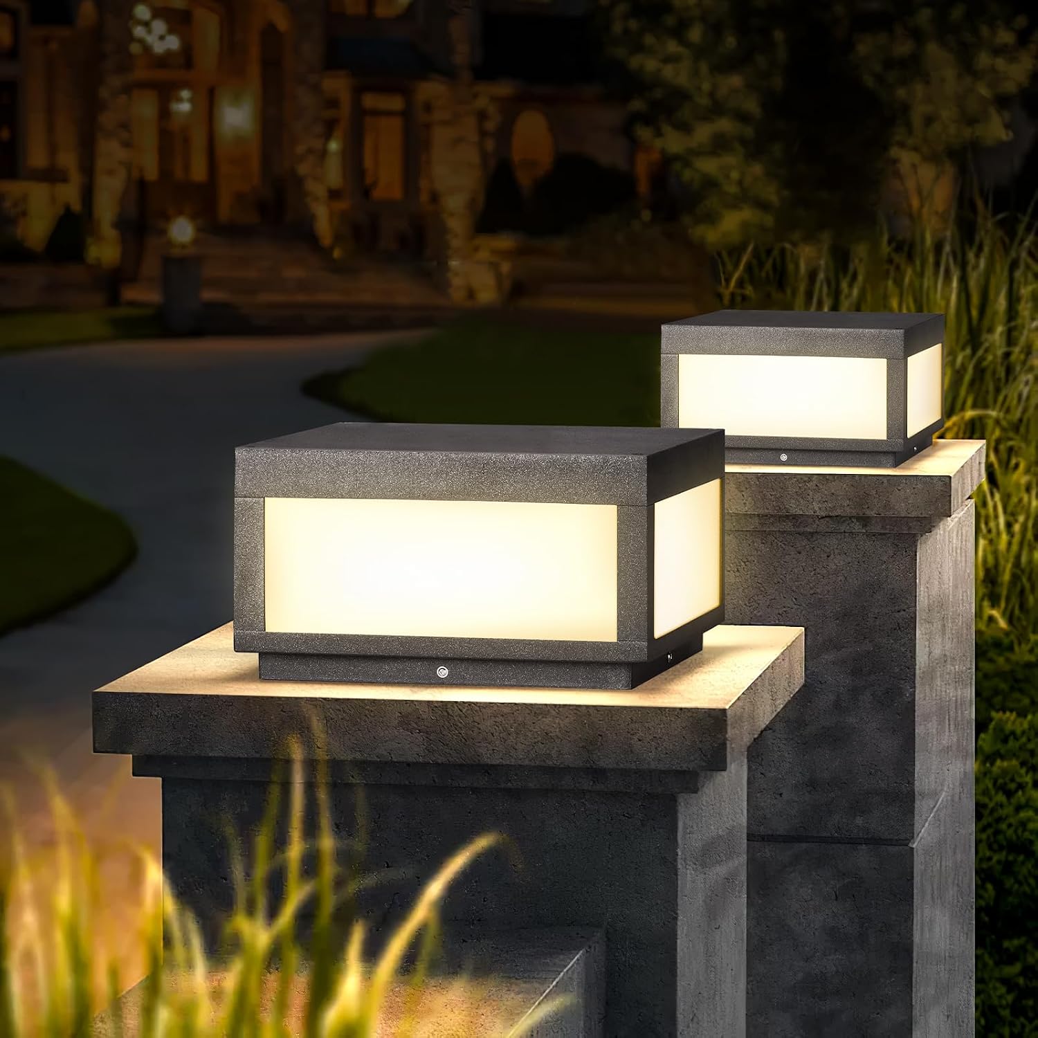 Outdoor Modern Post Light,11.8' Hard Wired Column Caps Lamp Grey Square Post Pillar Lights Waterproof 3000K Luxury LED Lighting with E26 Bulb for Patio Garden Decoration