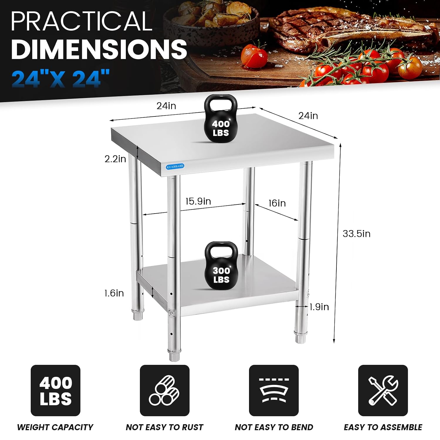 KUARBARR Stainless Steel Table for Prep & Work with Undershelf 24 x 24 Inches NSF Metal Commercial Kitchen Prep Table with Adjustable Under Shelf Worktable for Restaurant Home Outdoor