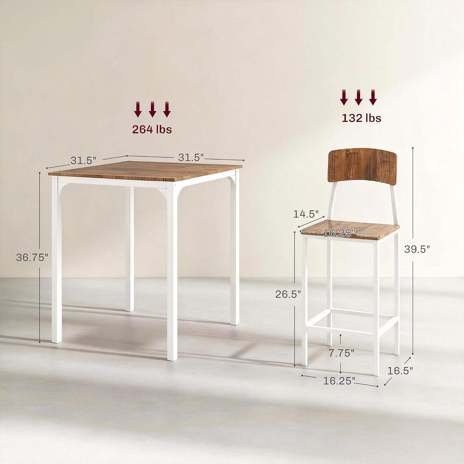 HOMCOM 3-Piece Counter Height Bar Table with Space-Saving Design, Square Kitchen Table and Chairs Set with Footrest, Metal Legs, Industrial Dining Table Set for 2, Walnut and White