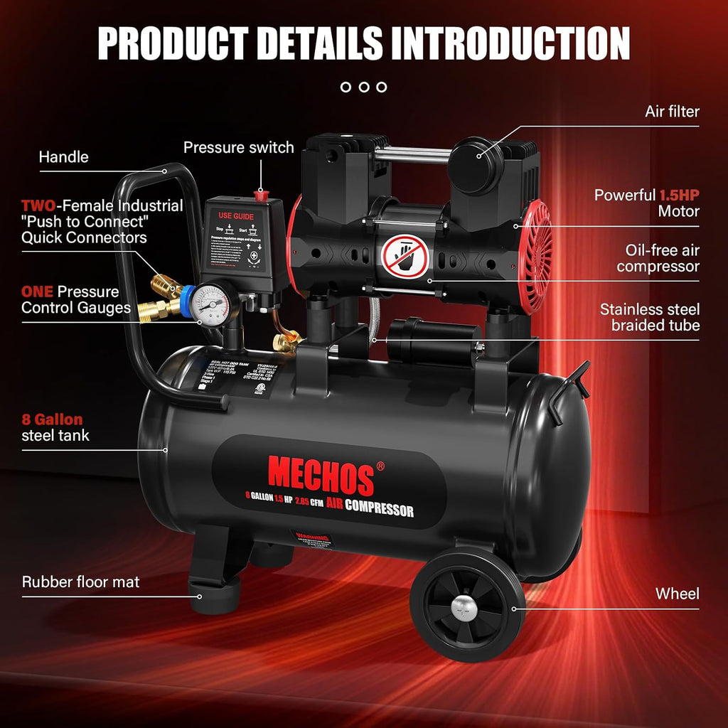 Portable Air Compressor with 8 Gallon Steel Tank, 1.5 HP 2.85 CFM @ 90 PSI, 116 Max PSI Oil-Free Air Compressor for Garage, Home Use, Tire Inflation, Nail Gun, DIY Projects,110V