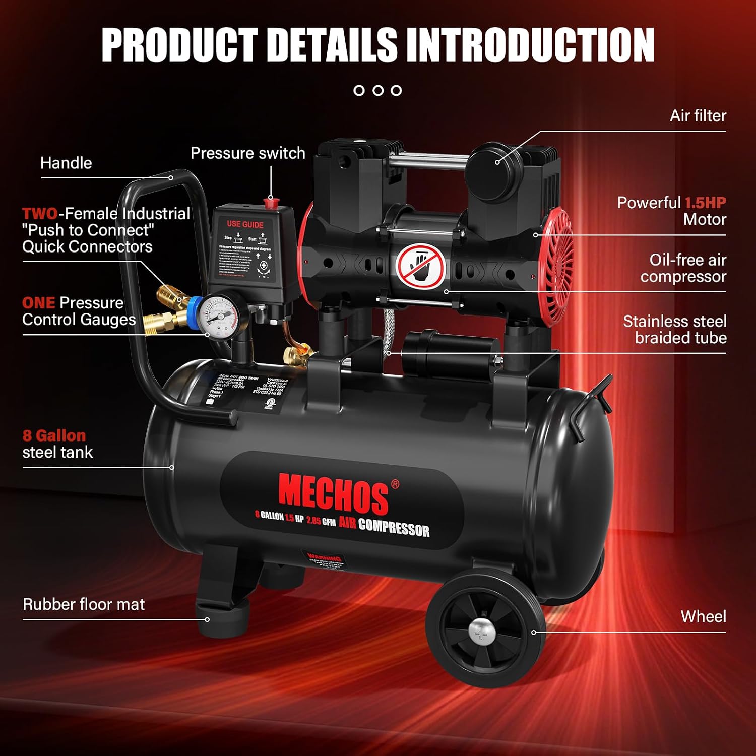 Portable Air Compressor with 8 Gallon Steel Tank, 1.5 HP 2.85 CFM @ 90 PSI, 116 Max PSI Oil-Free Air Compressor for Garage, Home Use, Tire Inflation, Nail Gun, DIY Projects,110V