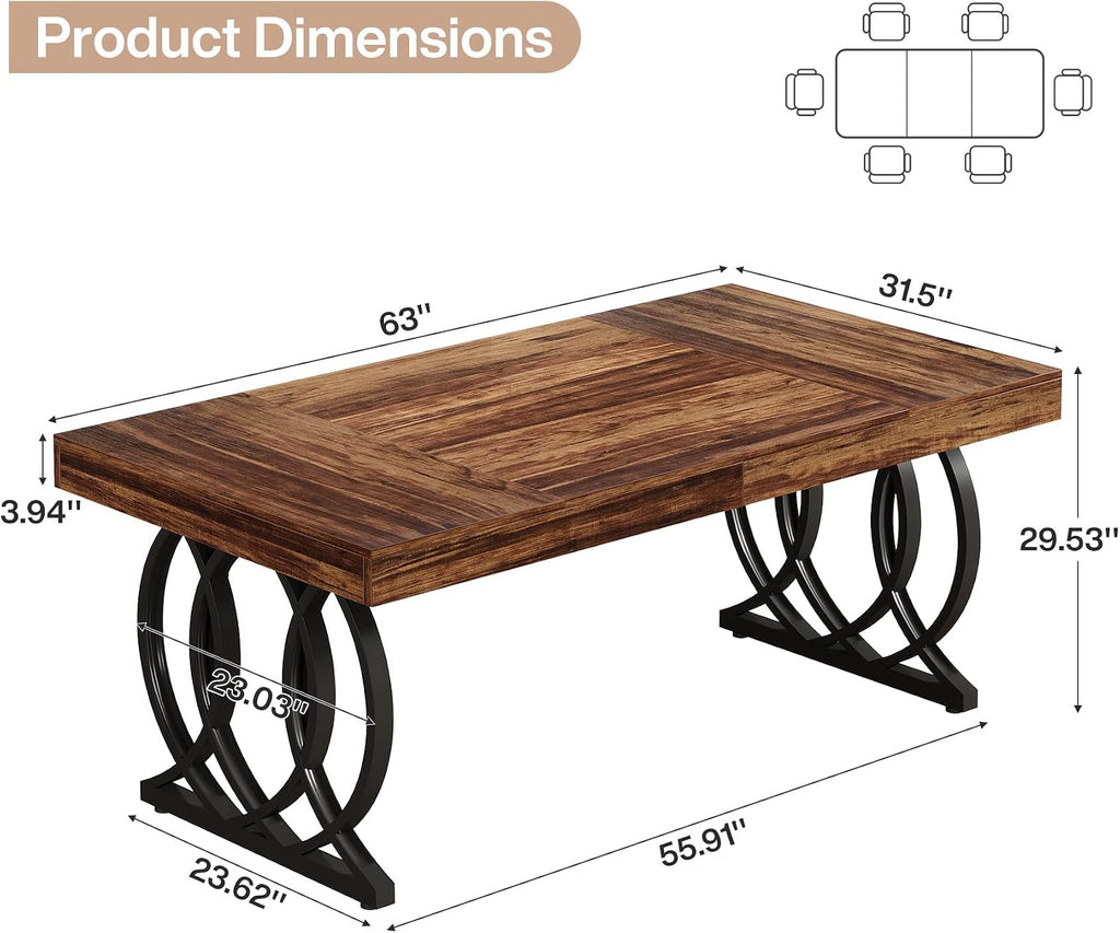 Tribesigns 63-Inch Dining Table for 4-6, Modern Kitchen Table with Faux Marble Tabletop and Geometric Legs, Rectangle Dining Room Furniture for Living Room, Kitchen, Rustic Brown and Black