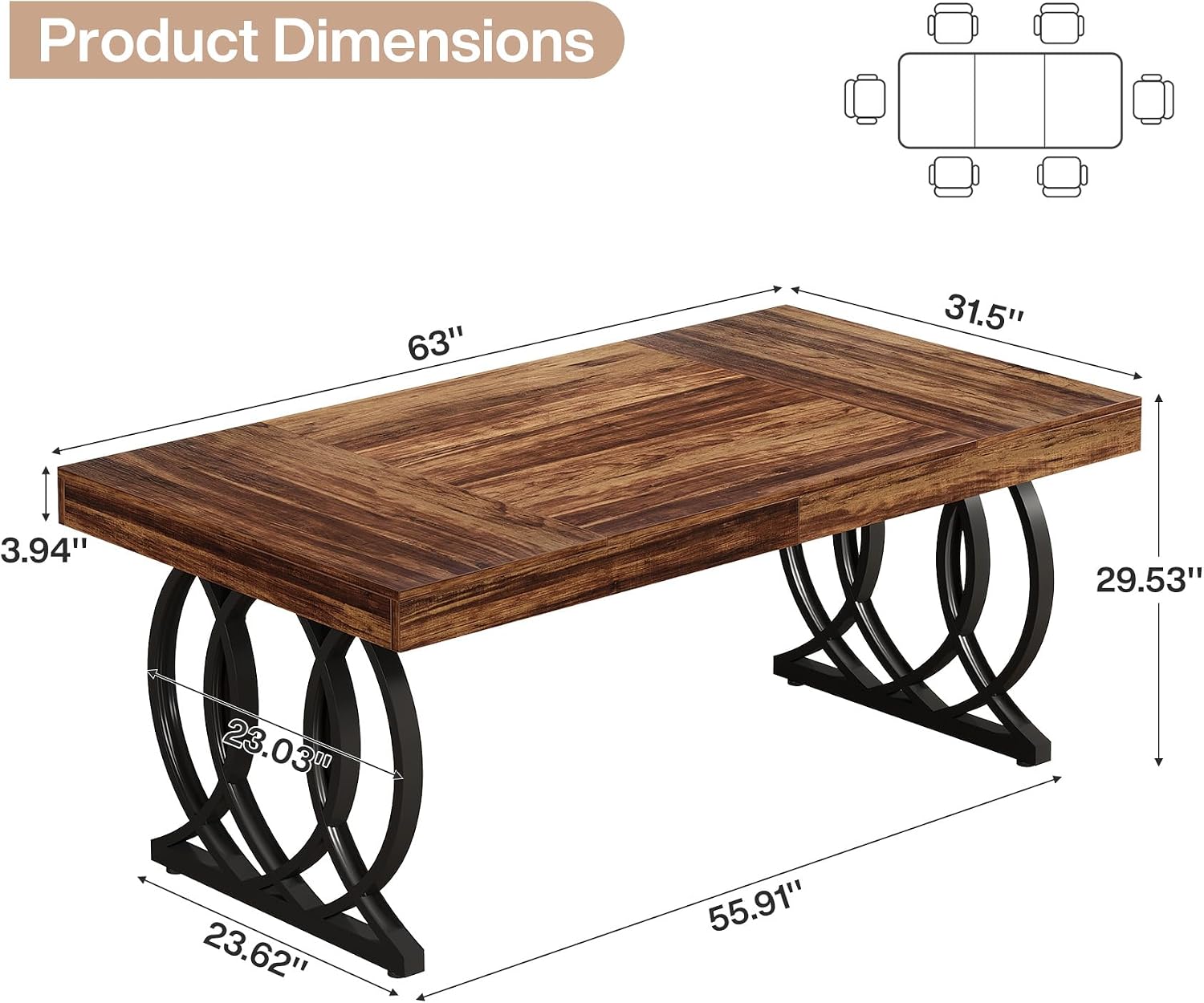 Tribesigns 63-Inch Dining Table for 4-6, Modern Kitchen Table with Faux Marble Tabletop and Geometric Legs, Rectangle Dining Room Furniture for Living Room, Kitchen, Rustic Brown and Black