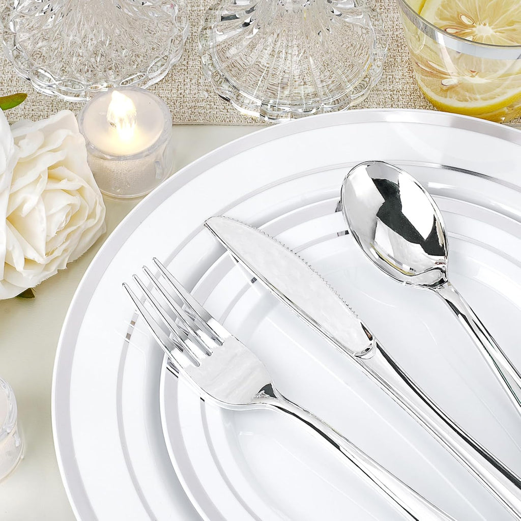 700 PCS White and Silver Plastic Dinnerware Set for 100 Guests, 200 Disposable Plates for Party, 100 Pre Rolled Napkins with Silver Silverware, 100 Cups