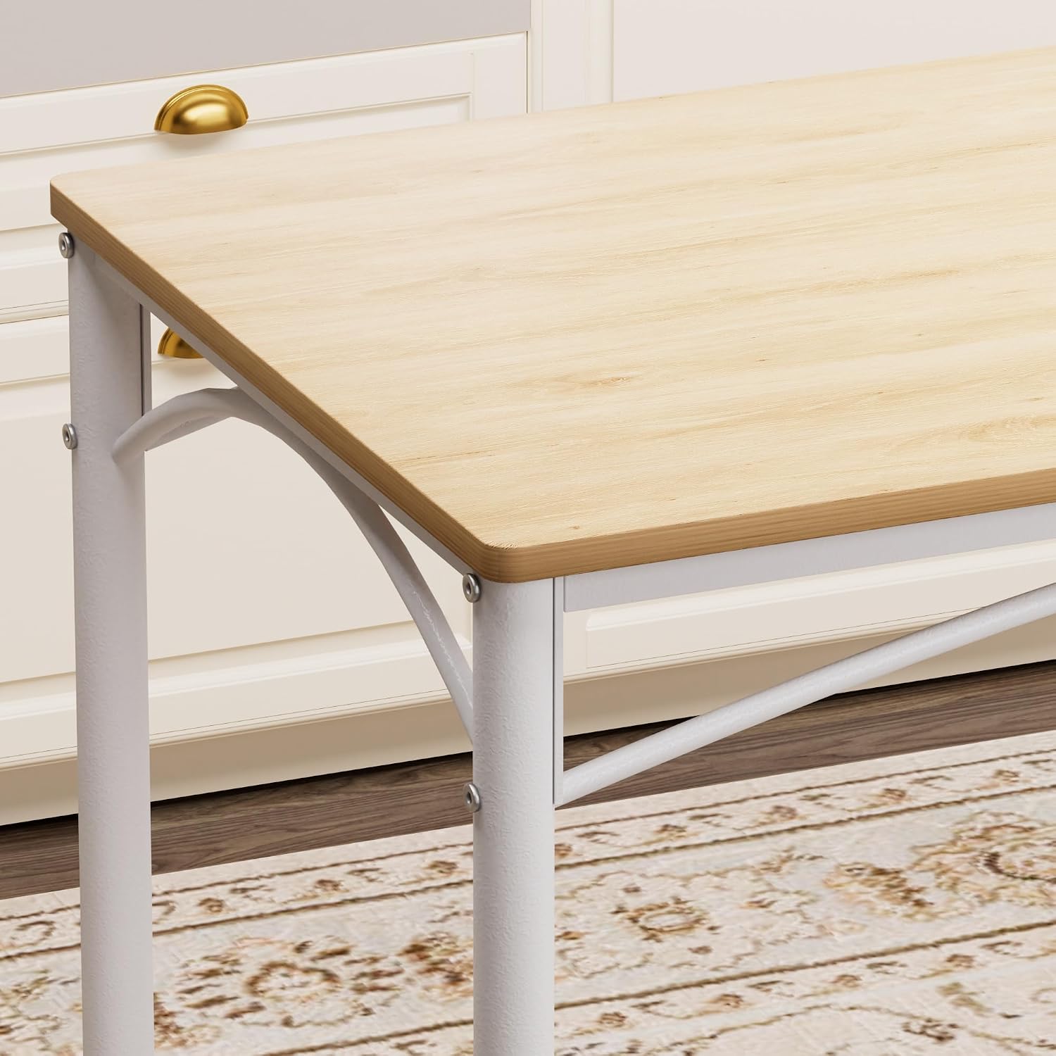 Dining Table Set for 4, Industrial Kitchen Table Set with 4 Upholstered Chairs, Metal Table and Chairs Set for Kitchen, Dining Room, Living Room, Natural+White
