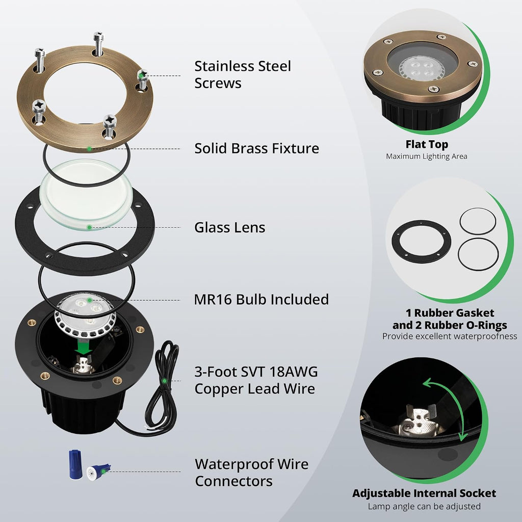 GKOLED 12V LED Brass Well Lights, In Ground Light Outdoor with MR16 Bulb and Swival Base, Low Voltage Landscape Lighting, 5W 410LM 2700K, IP67 Waterproof Up Light for Garden, Open Top, 12 Pack