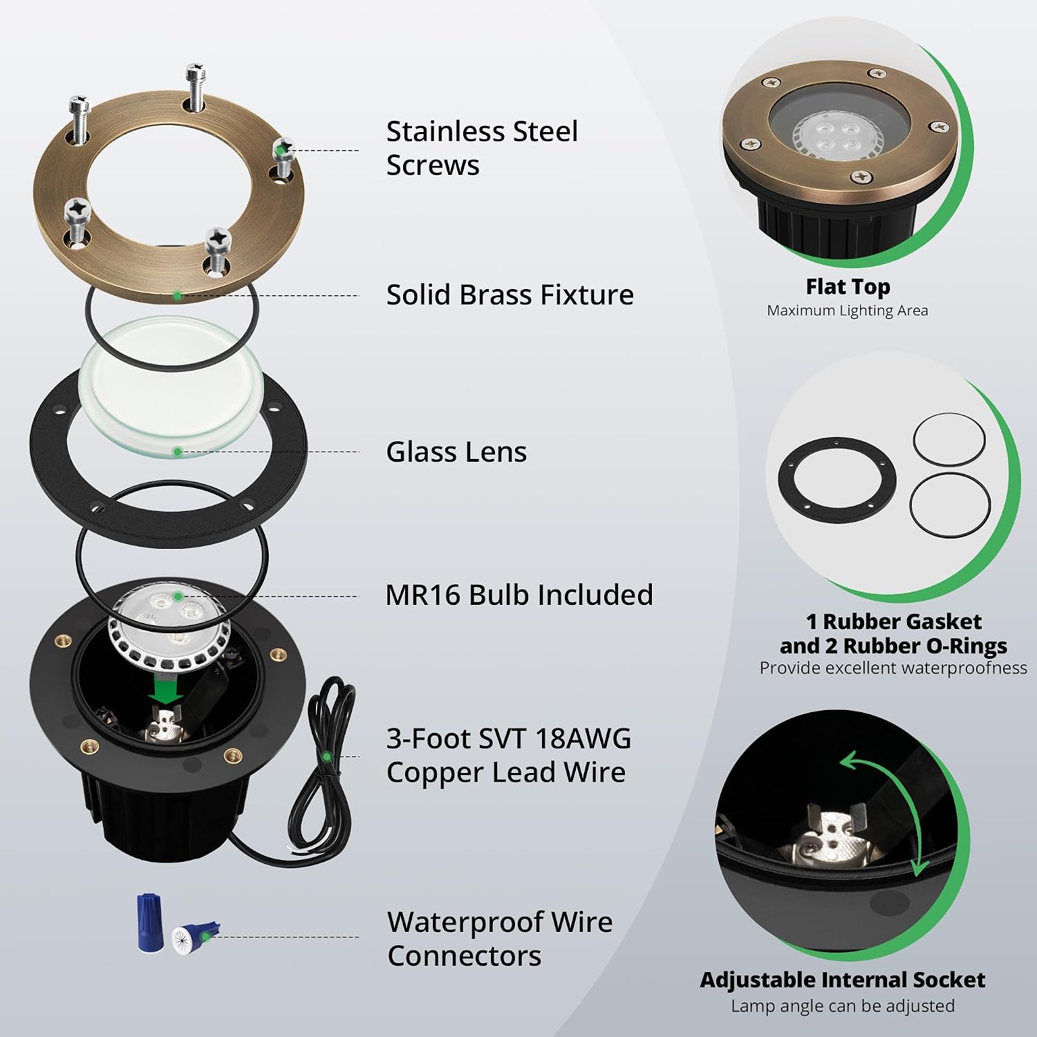 GKOLED 12V LED Brass Well Lights, In Ground Light Outdoor with MR16 Bulb and Swival Base, Low Voltage Landscape Lighting, 5W 410LM 2700K, IP67 Waterproof Up Light for Garden, Open Top, 12 Pack