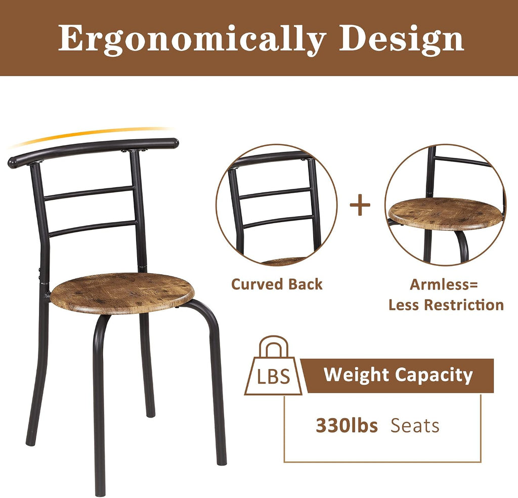 VECELO 3 Piece Small Round Dining Table Set for Kitchen Breakfast Nook, Wood Grain Tabletop with Wine Storage Rack, Save Space, Antique & Black