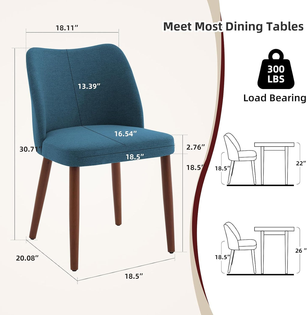 GarveeHome Linen Dining Chairs Set of 2 Upholstered Fabric Dining Chair with Wood Legs, Wing Backrest, Wooden Kitchen Chairs with Thick Cushions, Leveling Feet for Dining Room, Living Room, Blue
