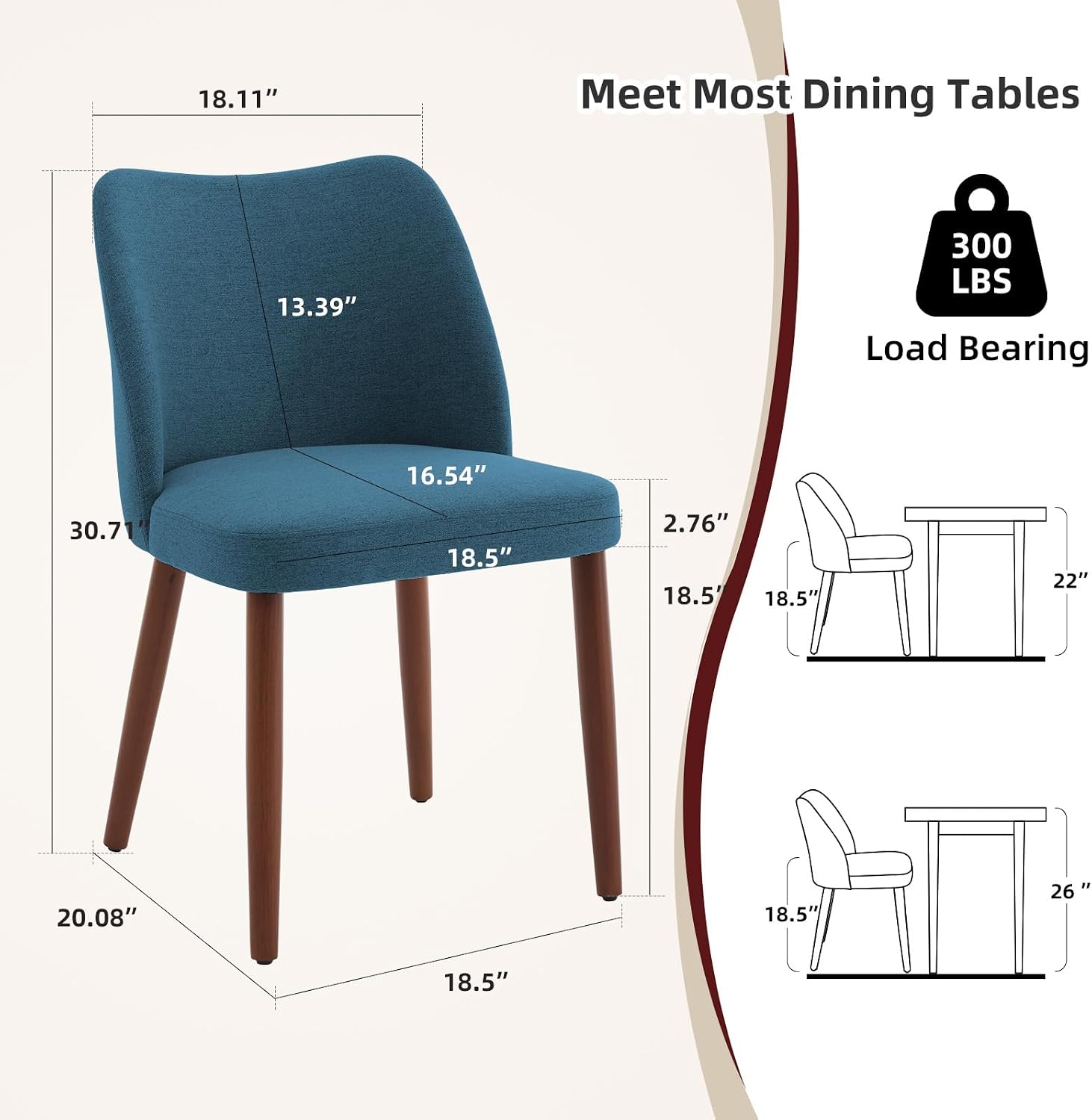 GarveeHome Linen Dining Chairs Set of 2 Upholstered Fabric Dining Chair with Wood Legs, Wing Backrest, Wooden Kitchen Chairs with Thick Cushions, Leveling Feet for Dining Room, Living Room, Blue