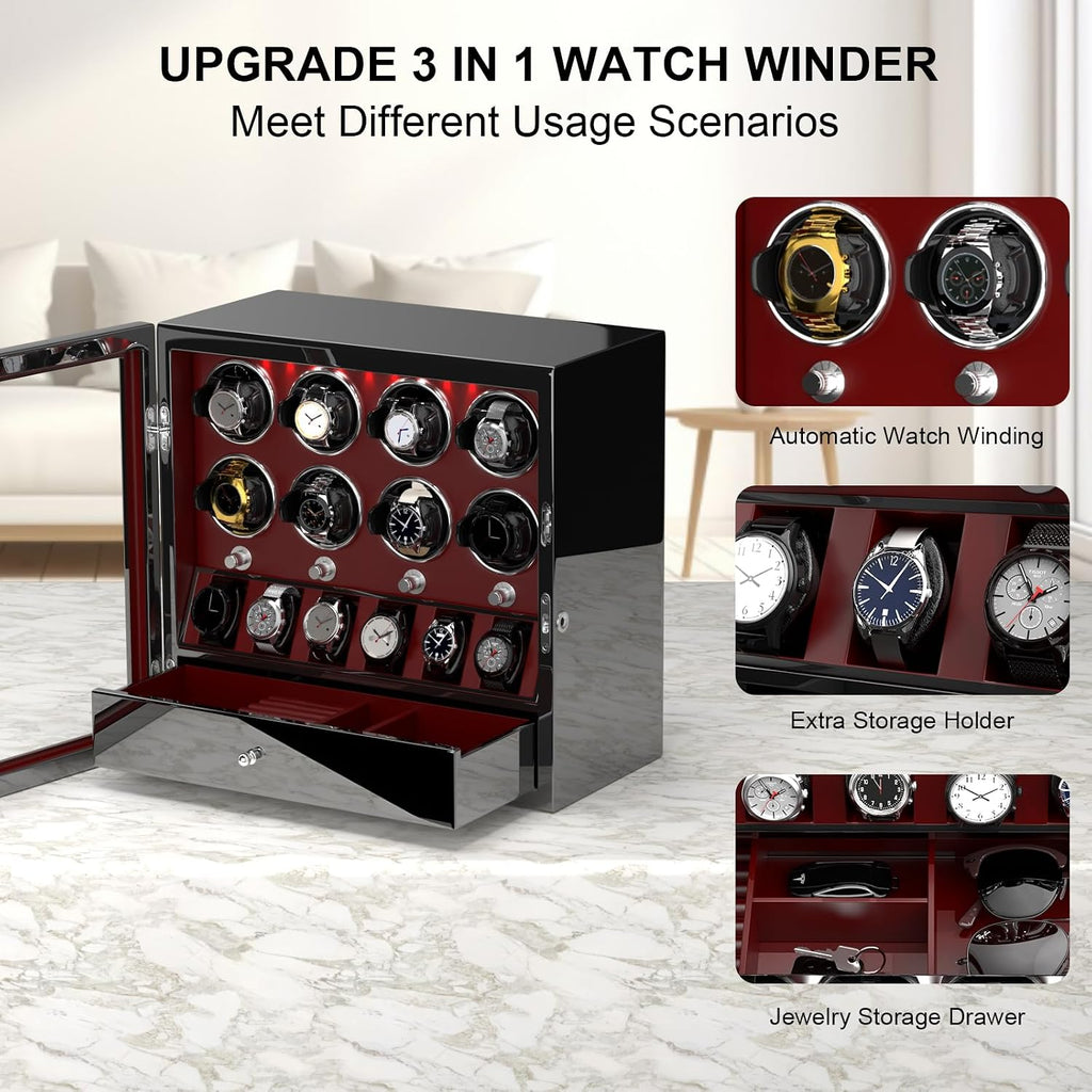 DUKWIN Watch Winder for 4/6/8 Automatic Watches, Lockable Winders with Watch Holders and Jewelry Storage, Super Quiet Motor with High-Gloss Finish, Built-in Illumination
