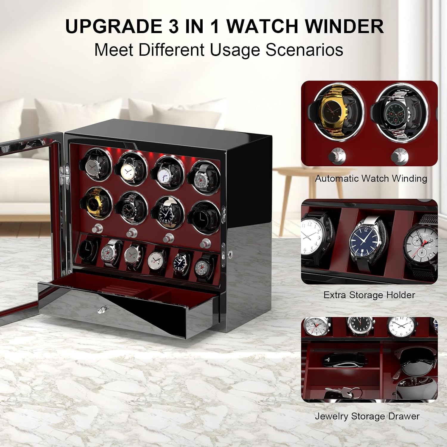 DUKWIN Watch Winder for 4/6/8 Automatic Watches, Lockable Winders with Watch Holders and Jewelry Storage, Super Quiet Motor with High-Gloss Finish, Built-in Illumination