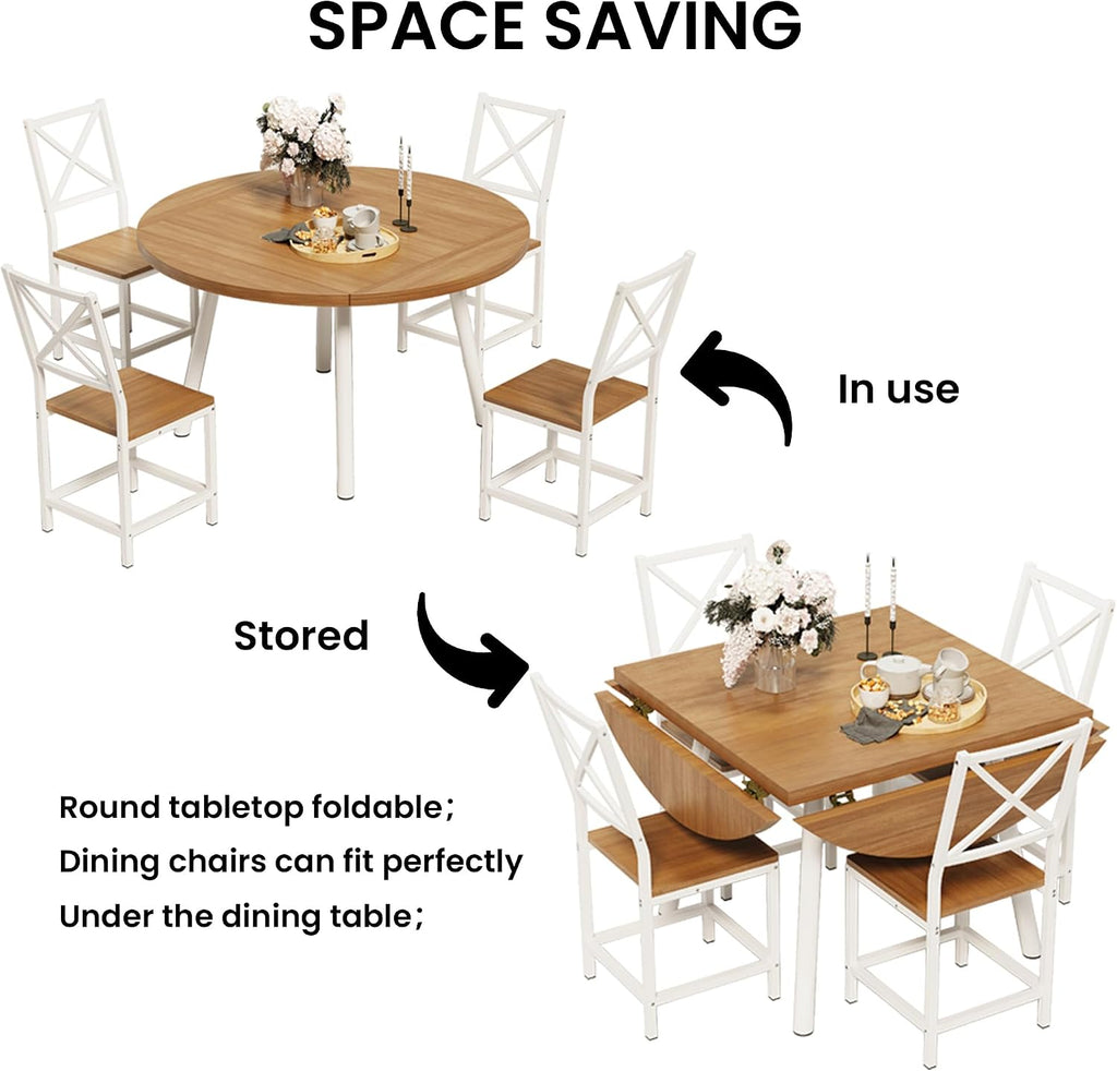 IRONCK Dining Table Set for 4, Round Kitchen Table and 4 Stool Chair for Dining Room, 44.5inch Drop Leaf Desk, Small Space Saving, Natural Wood
