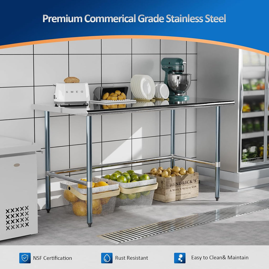 ROVSUN Open Base Stainless Steel Table 60 x 30 Inches, NSF Commercial Heavy Duty Prep & Work Table, Metal Table for Kitchen, Restaurant, Home, Hotel, Garage, Laundry