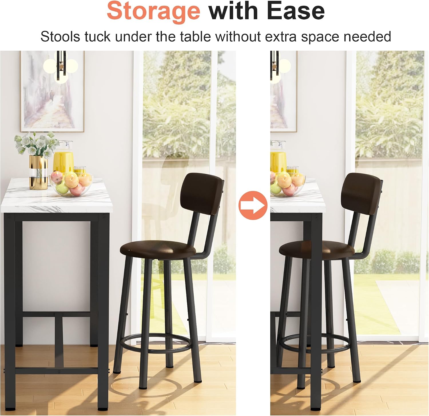 AWQM 3 Piece Bar Table Set of 2,39.3' Pub Bar Table and Chairs Set,Faux Marble Bar Height Table with 2 Backrest Stools,Small Dining Table for 2,Kitchen Table Set for Small Space,White & Brown
