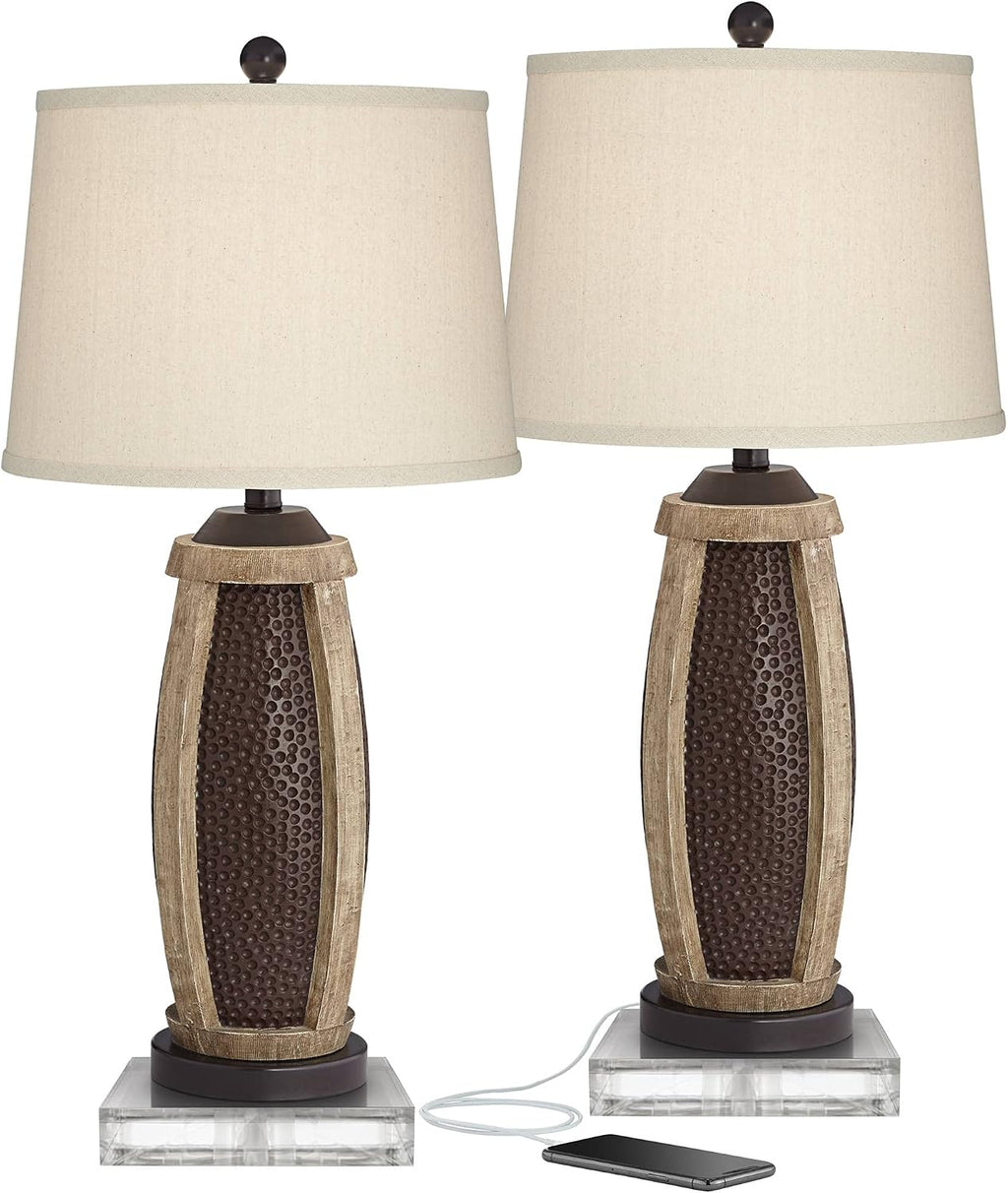 John Timberland Parker Industrial Rustic Table Lamps 30' Tall Set of 2 with Square Risers USB Charging Port Hammered Bronze Wood Oatmeal Drum Shade for Living Room Bedroom House Bedside Home