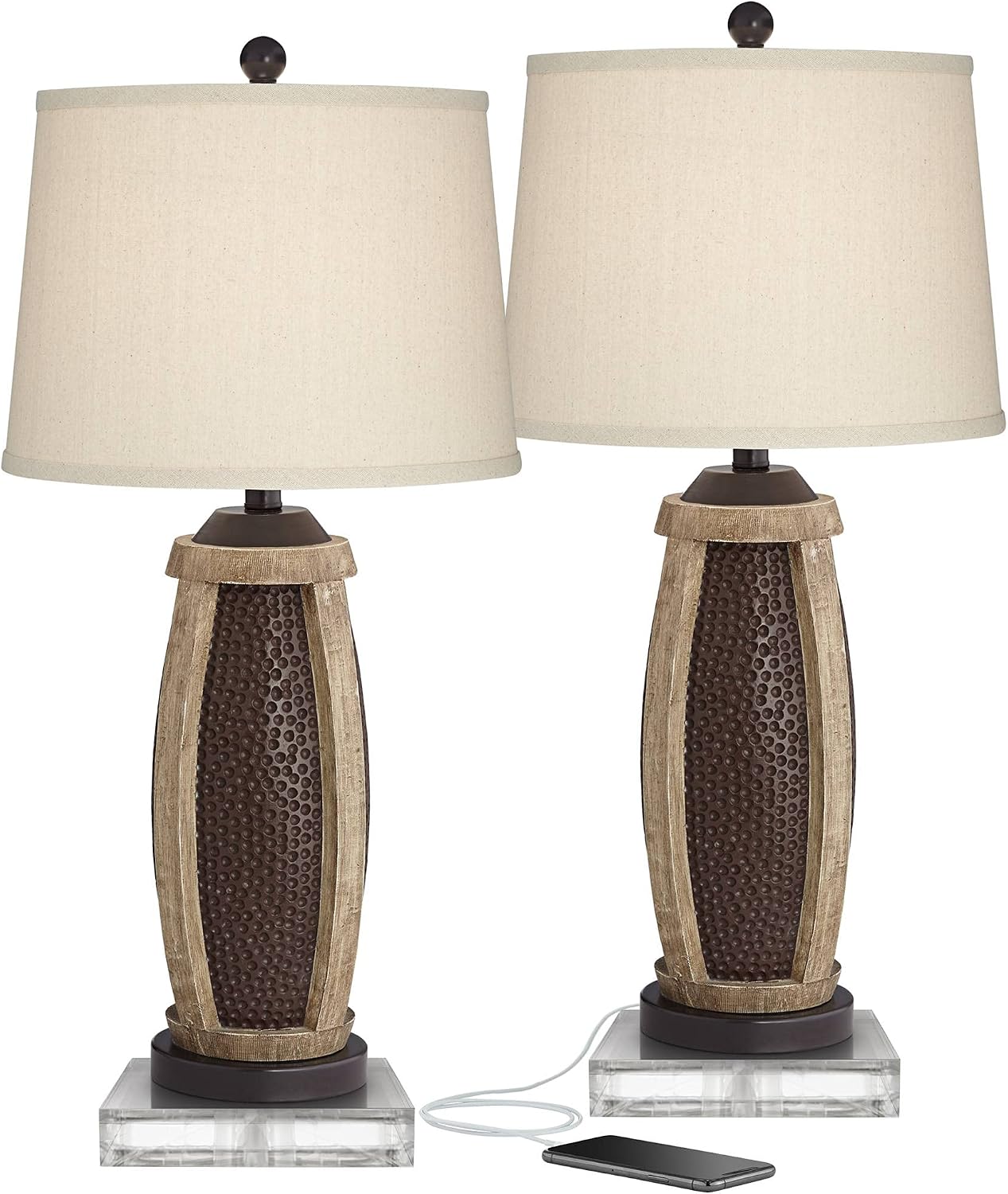 John Timberland Parker Industrial Rustic Table Lamps 30' Tall Set of 2 with Square Risers USB Charging Port Hammered Bronze Wood Oatmeal Drum Shade for Living Room Bedroom House Bedside Home