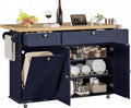 ONBRILL 60' Kitchen Island with Power Outlet & Drop Leaf, Mobile Storage Island with Spice Rack & Towel Rack, 4 Levels, Blue