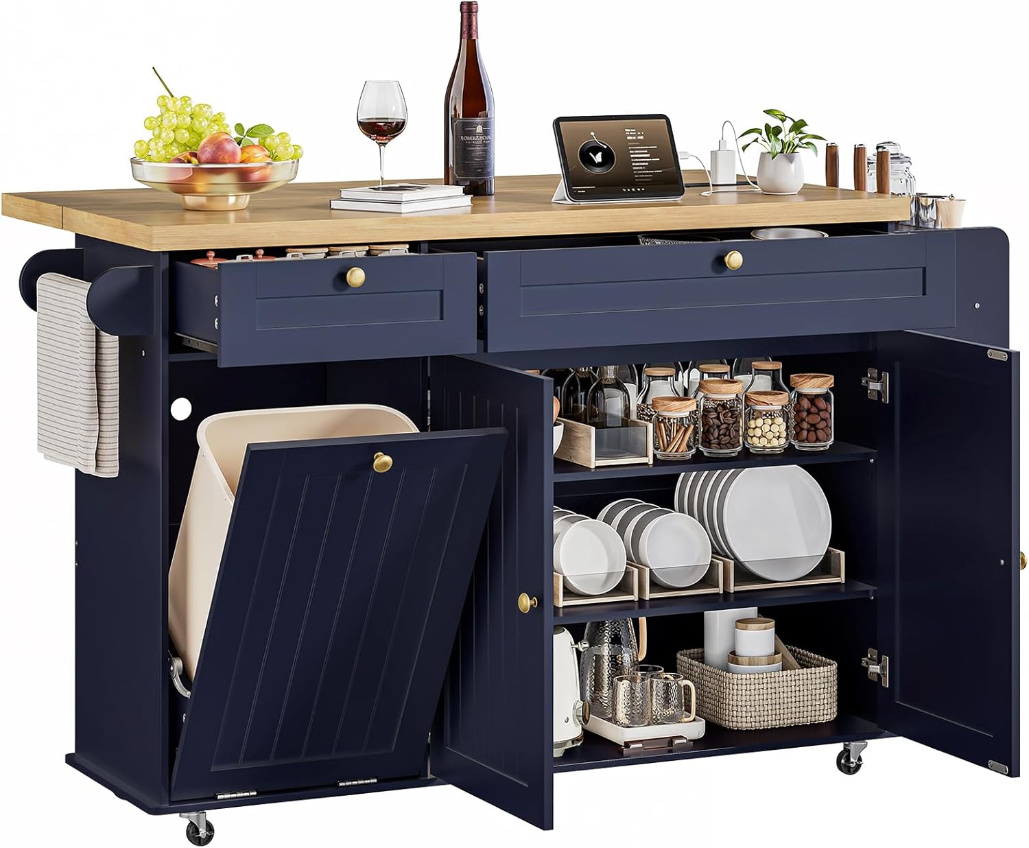 ONBRILL 60' Kitchen Island with Power Outlet & Drop Leaf, Mobile Storage Island with Spice Rack & Towel Rack, 4 Levels, Blue