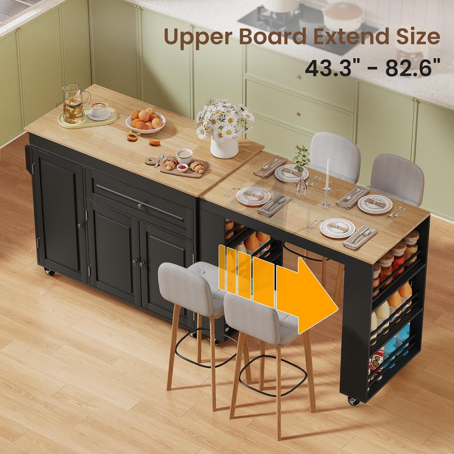 83' Expandable Kitchen Island on Wheels with Storage & Dining Table, Mobile Kitchen Cart with Cabinet, 3 Shelves & Drawers, Black (Extends from 48.4' to 82.6') (Black)