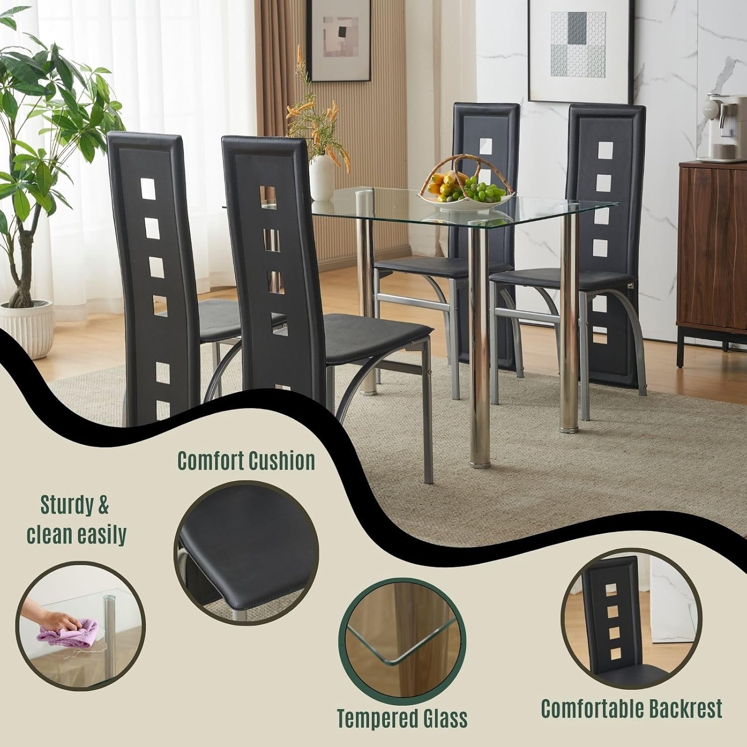 Karl home 5-Piece Dining Table Set with 1 Glass Dining Table and 4 PVC Chairs, Modern Silver Dining Table Set for Kitchen & Breakfast Dining Living Room, Space Saving
