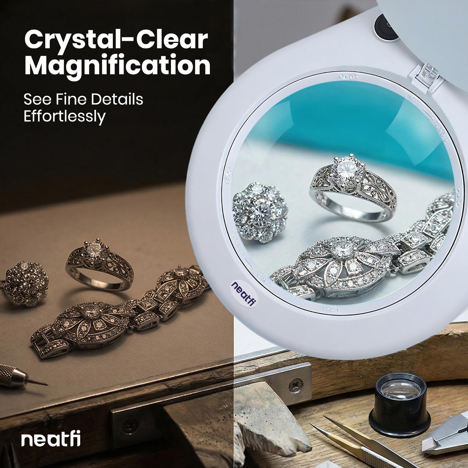 Neatfi Elite XL HD Super LED Magnifying Lamp – 7' Glass Lens, 5-Diopter, 6500K Daylight | Glare-Free, Adjustable Arm | Reading, Sewing & Crafting (White-3, 7-inch Lens, Non-CCT with Clamp)