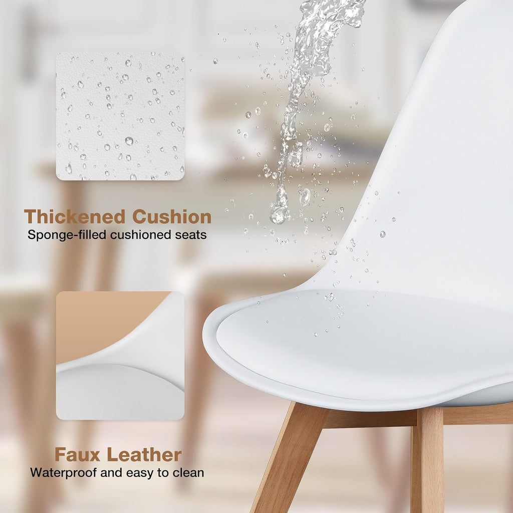 OLIXIS Dining Chairs Set of 4, PU Leather Upholstered Kitchen Chairs with Solid Wood Legs, Mid Century Modern Accent Chairs for Living Room, Bedroom, Patio, White
