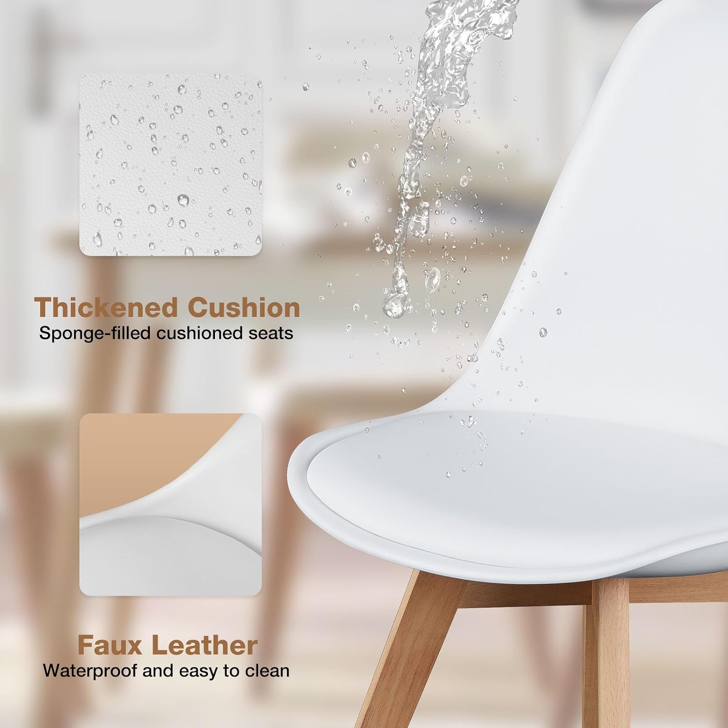 OLIXIS Dining Chairs Set of 4, PU Leather Upholstered Kitchen Chairs with Solid Wood Legs, Mid Century Modern Accent Chairs for Living Room, Bedroom, Patio, White
