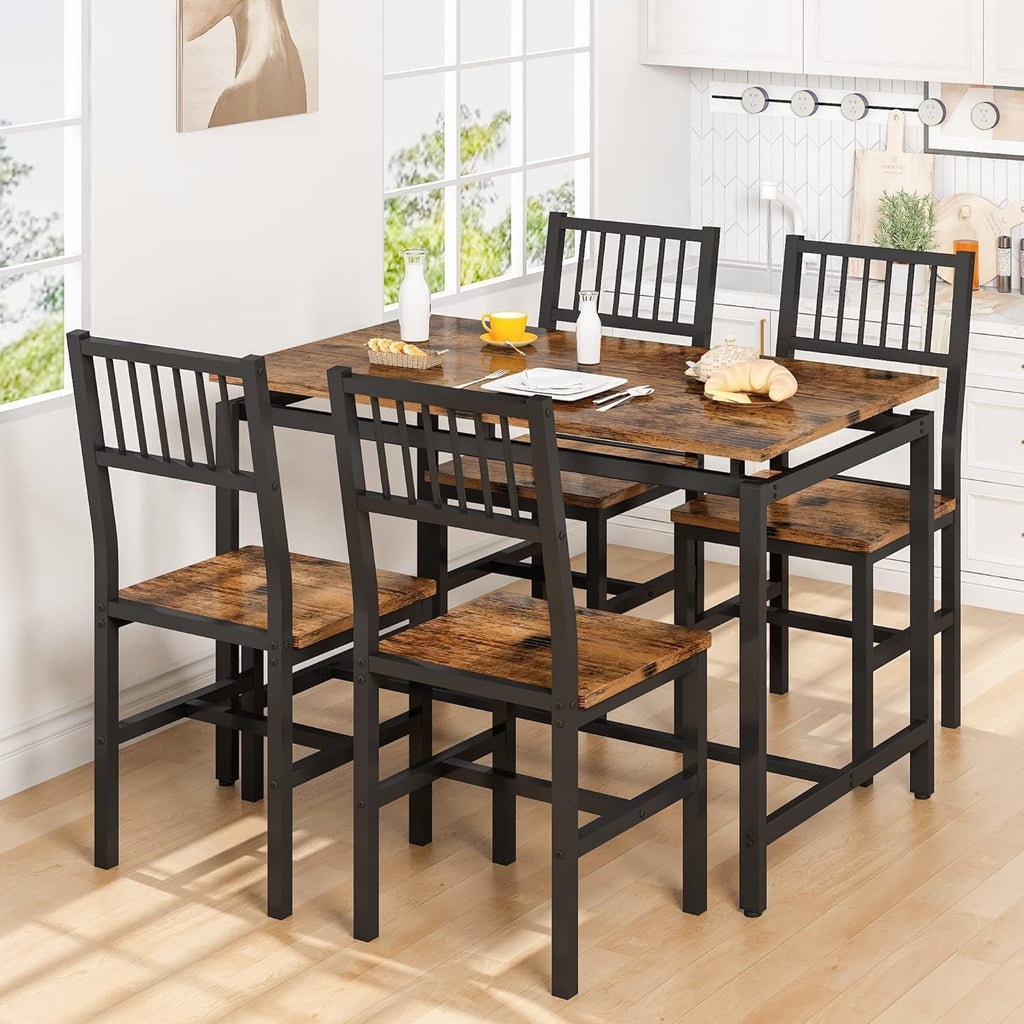 AWQM 47.2 Inch Dining Table Set for 4,Industrial Table with 4 Curved Chairs Set,5-Piece Rectangular Kitchen Table Set for Dining Room,Breakfast Nook,Small Space