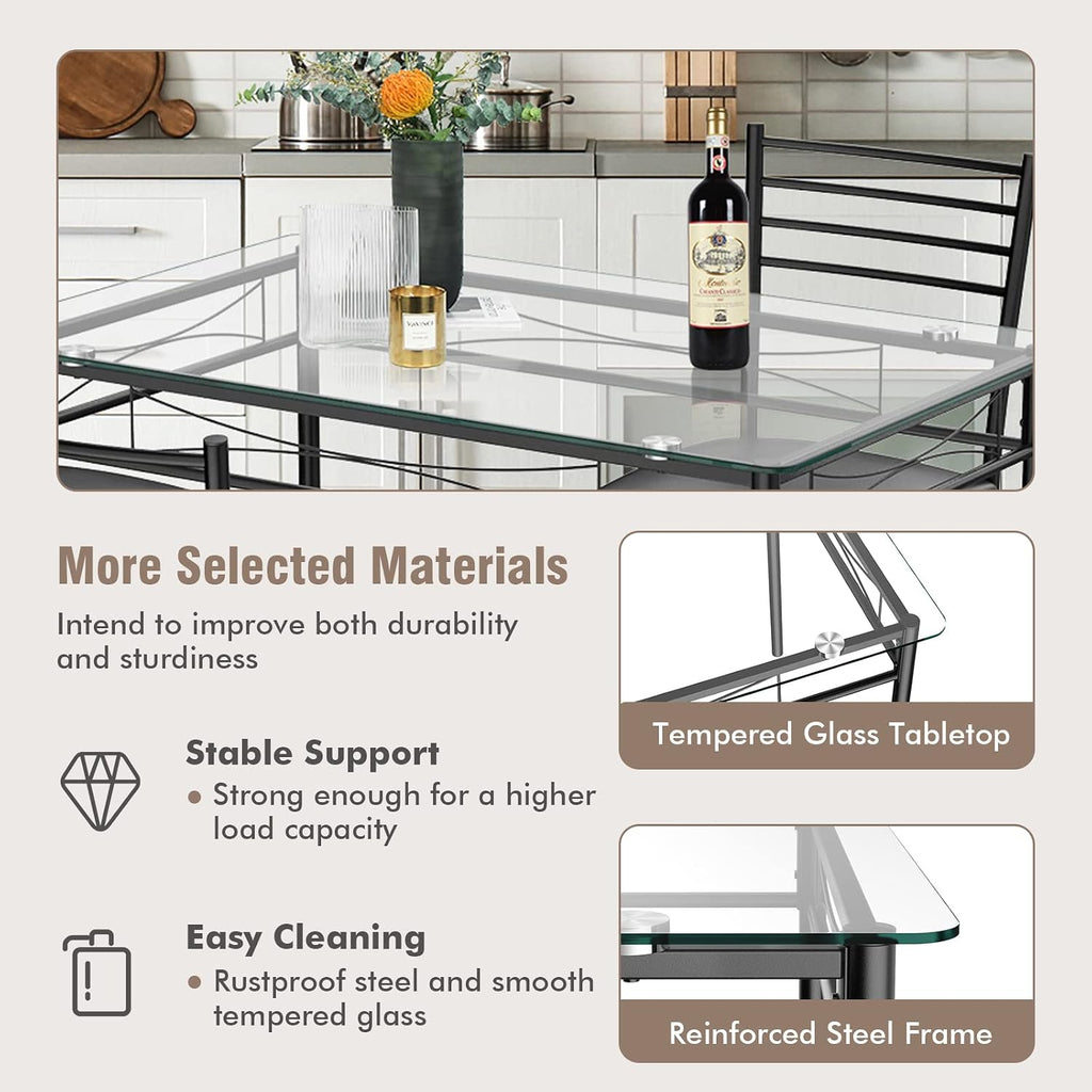 Tangkula Dining Table Set, 5 Pieces Dining Set with Tempered Glass Top Table and 4 Chairs, Kitchen Dining Room Furniture, Black
