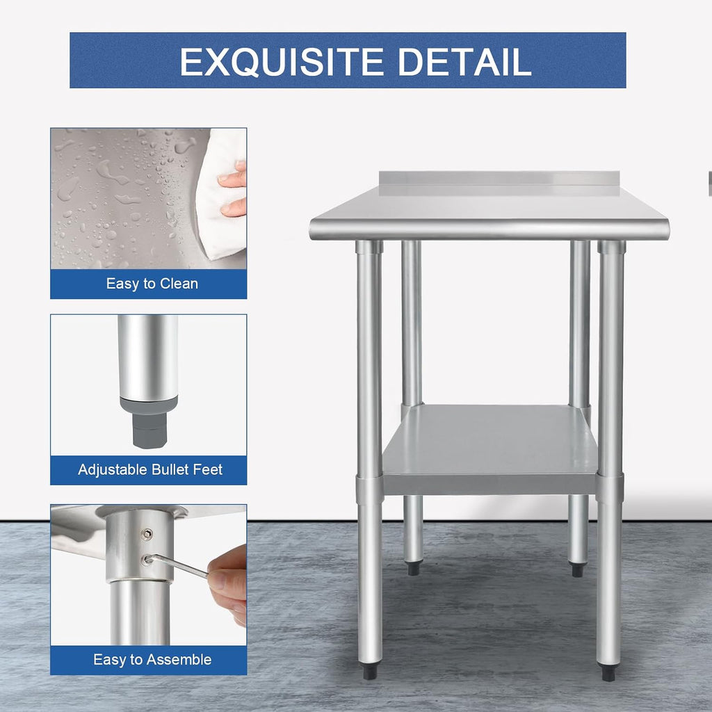 HARDURA Stainless Steel Table Prep Work Table 24 x 24 Inches NSF Heavy Duty Commercial with Undershelf and Backsplash for Food Prep