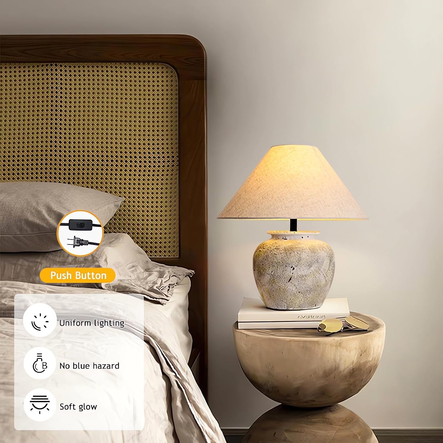 Farmhouse Table Lamps White Clay Pot Ceramic Lamps Creative Ceramic Lamp Body with White Textured Shade Bedside Nightstand Lamp for Bedroom Living Room Office