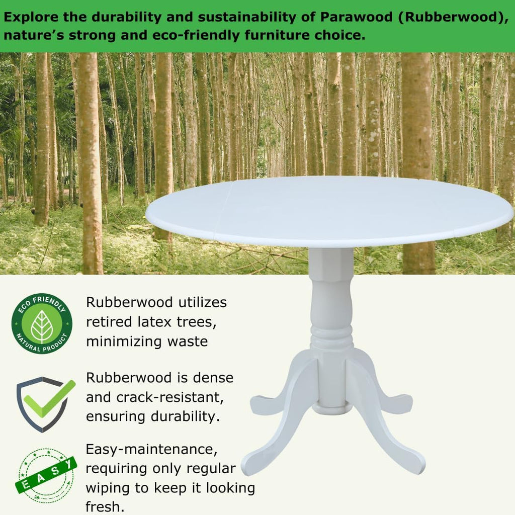 IC International Concepts, 42' Round Dual Drop Leaf Pedestal Dining Table, Solid Real Wood, Sturdy Parawood, White