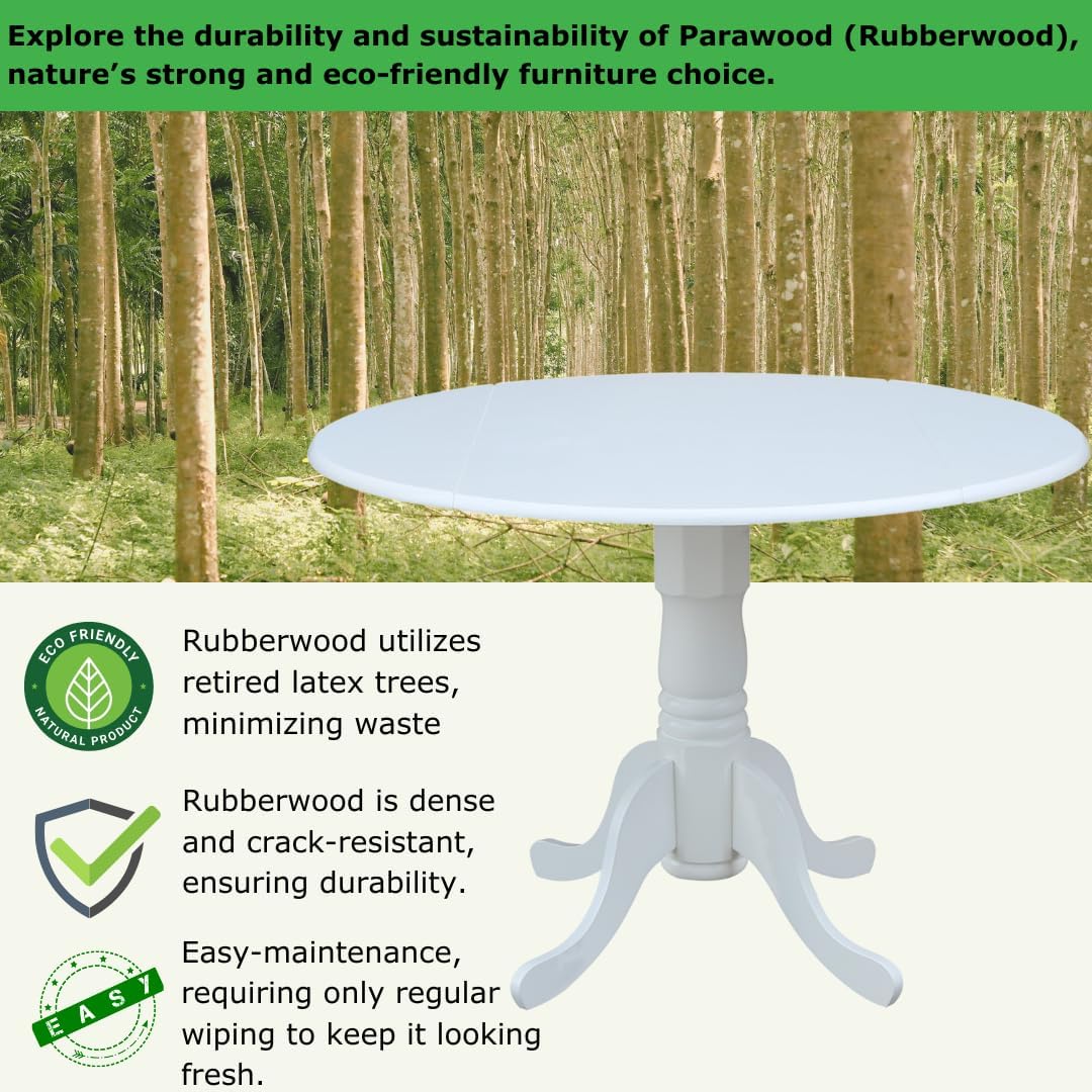 IC International Concepts, 42' Round Dual Drop Leaf Pedestal Dining Table, Solid Real Wood, Sturdy Parawood, White