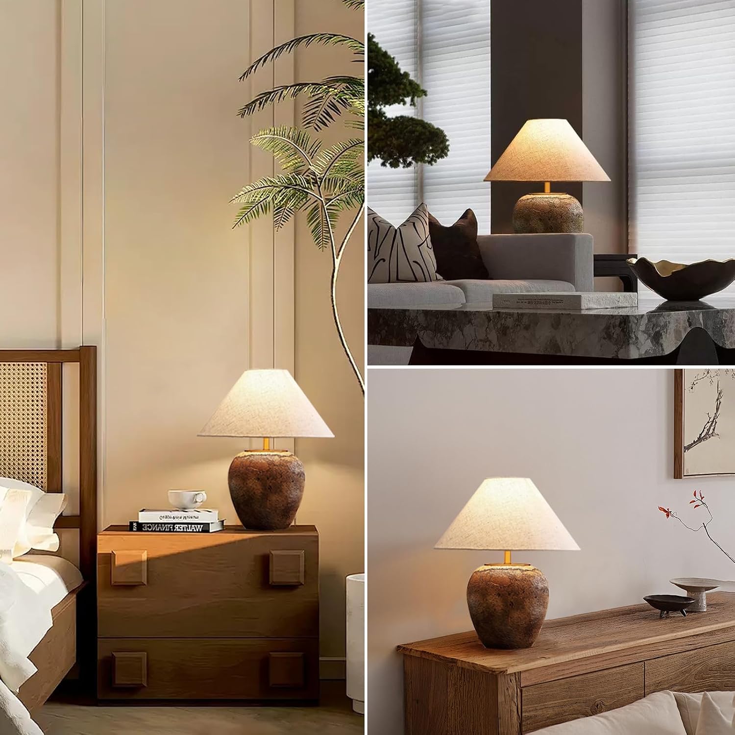 Farmhouse Clay Pot Table Lamps Brown Ceramic Lamps Rustic Fabric Drum Shade Decor Bedside Nightstand for Living Room Bedroom Home Office