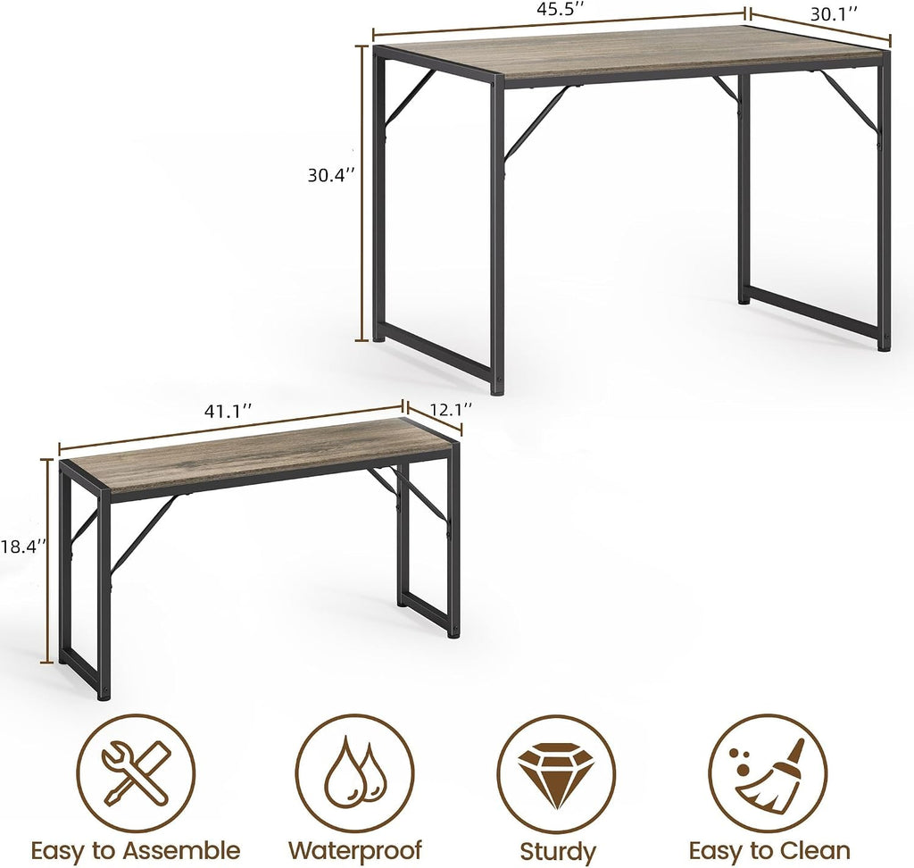 Bealife Dining Table Set for 4 with Metal Frame and MDF Board, Space Saving Kitchen Table with 2 Benches, Kitchen Table Set for Apartment, Dining Room, Breakfast Nook, Grey