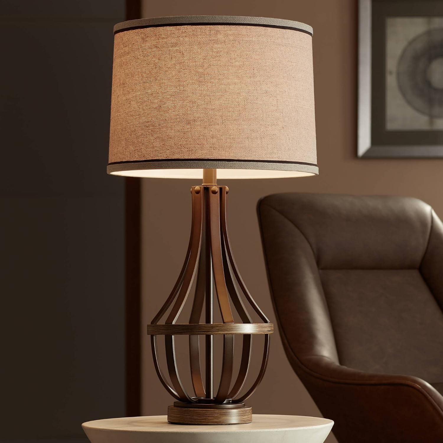 Franklin Iron Works Louanne Industrial Rustic Farmhouse Table Lamp 29' Tall Oil Rubbed Bronze Brown Metal Burlap Linen Drum Shade for Bedroom Living Room House Home Bedside Nightstand Office Family