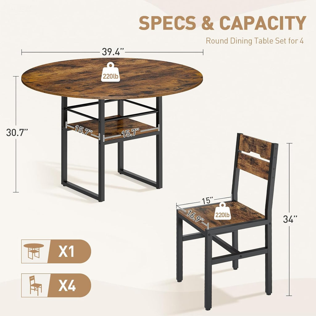 RALGEND Round Dining Table Set for 4, 5-Piece Kitchen Table and Chairs with Storage Shelf, Circle Dinner Table Set with Wooden Tabletop & Metal Legs, for Kitchen & Dining Room, Rustic Brown and Black