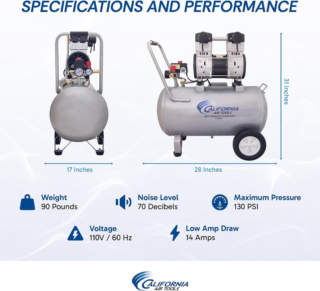 California Air Tools 15020C Powerful 2.0 HP Ultra Quiet and Oil-Free Air Compressor with Wheels, 15 Gallon Tank Capacity, 70 dB Noise Level, Electric, Portable