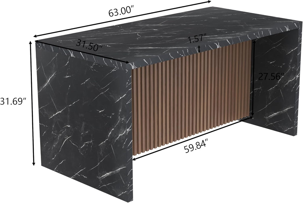 63' Large Imitation Marble Dining Table for 4-6 People(Patent Pending),Island Table with LED Lights,Mordern Marble Stripes Kitchen Dining Table with Grille design for Dining Room,Living Room (Black)