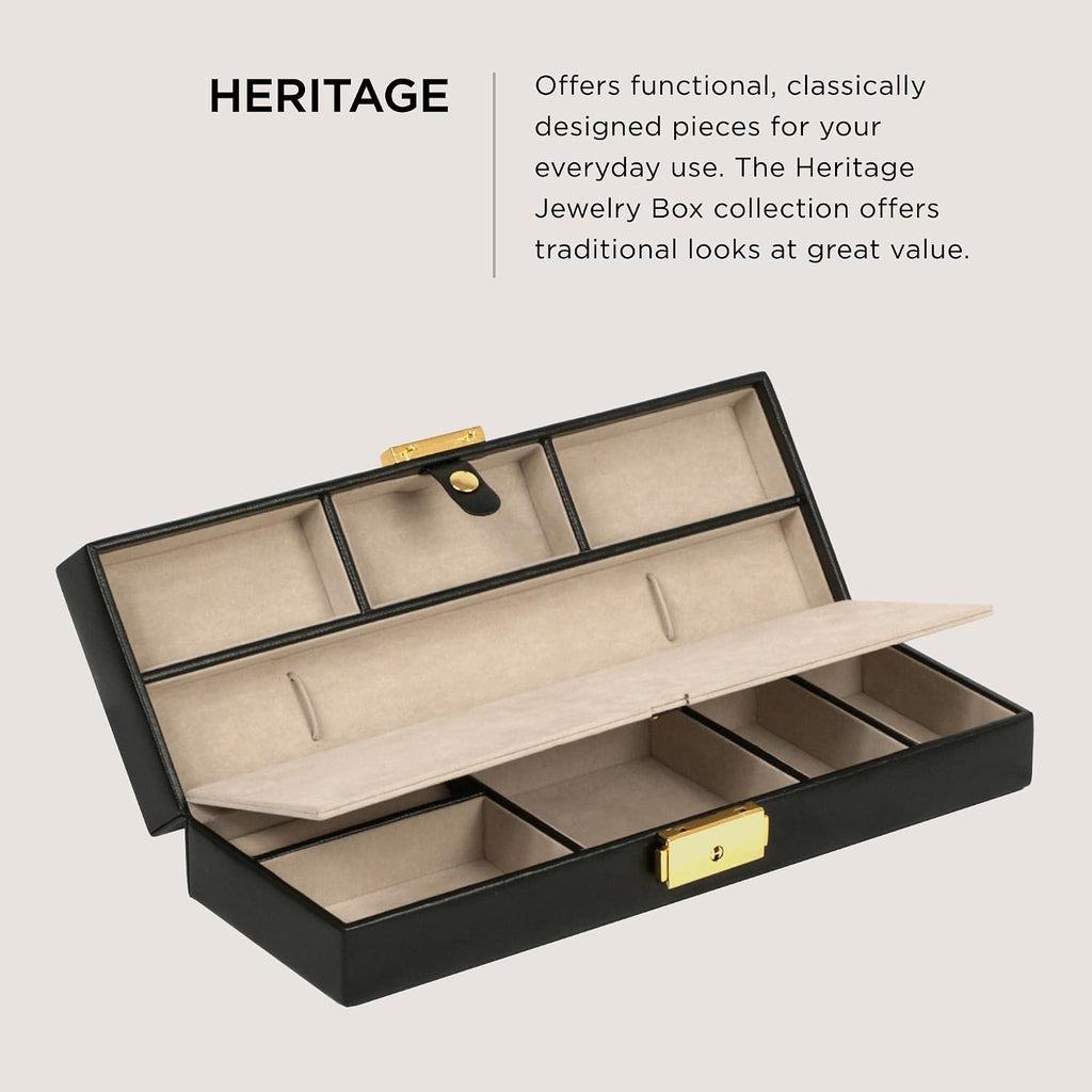 WOLF Heritage Safe Deposit, Black - Seven Jewelry Compartments, One Ring Roll & One Watch Compartment - Includes Lock & Key