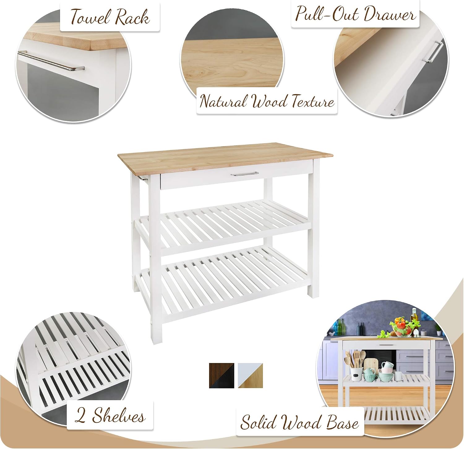 Casual Home Kitchen Island with Solid American Hardwood Top, Walnut&black