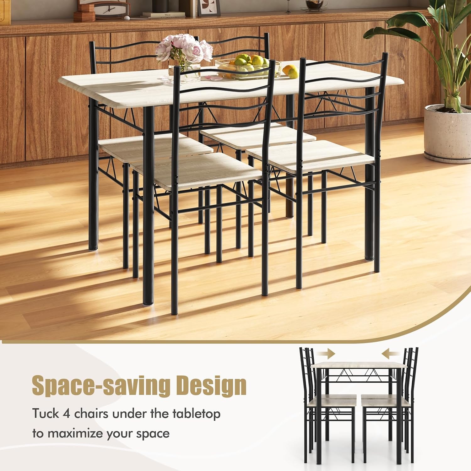 Giantex 47-inches Dining Table Set for 4, Rectangular Kitchen Table with 4 Dining Chairs, Metal Frame, 5-Piece Space-Saving Dinette Set for Small Space, Dinner, Breakfast Nook, Apartment