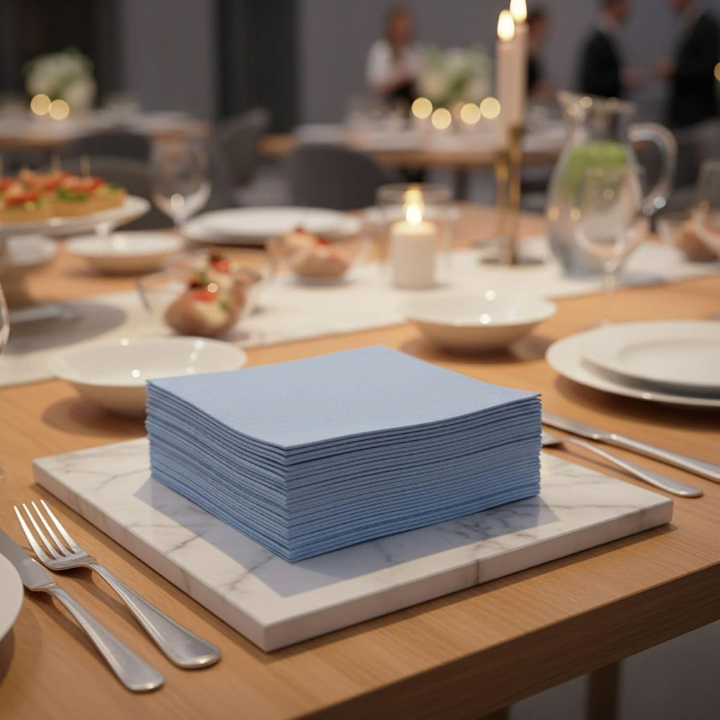 Restaurantware Luxenap 15.75 Inch Disposable Napkins 600 Soft Linen Like Napkins - Absorbent Air Laid Celeste Denim Inspired Paper Cloth Like Napkins Pre-folded For Dinner Party Guests
