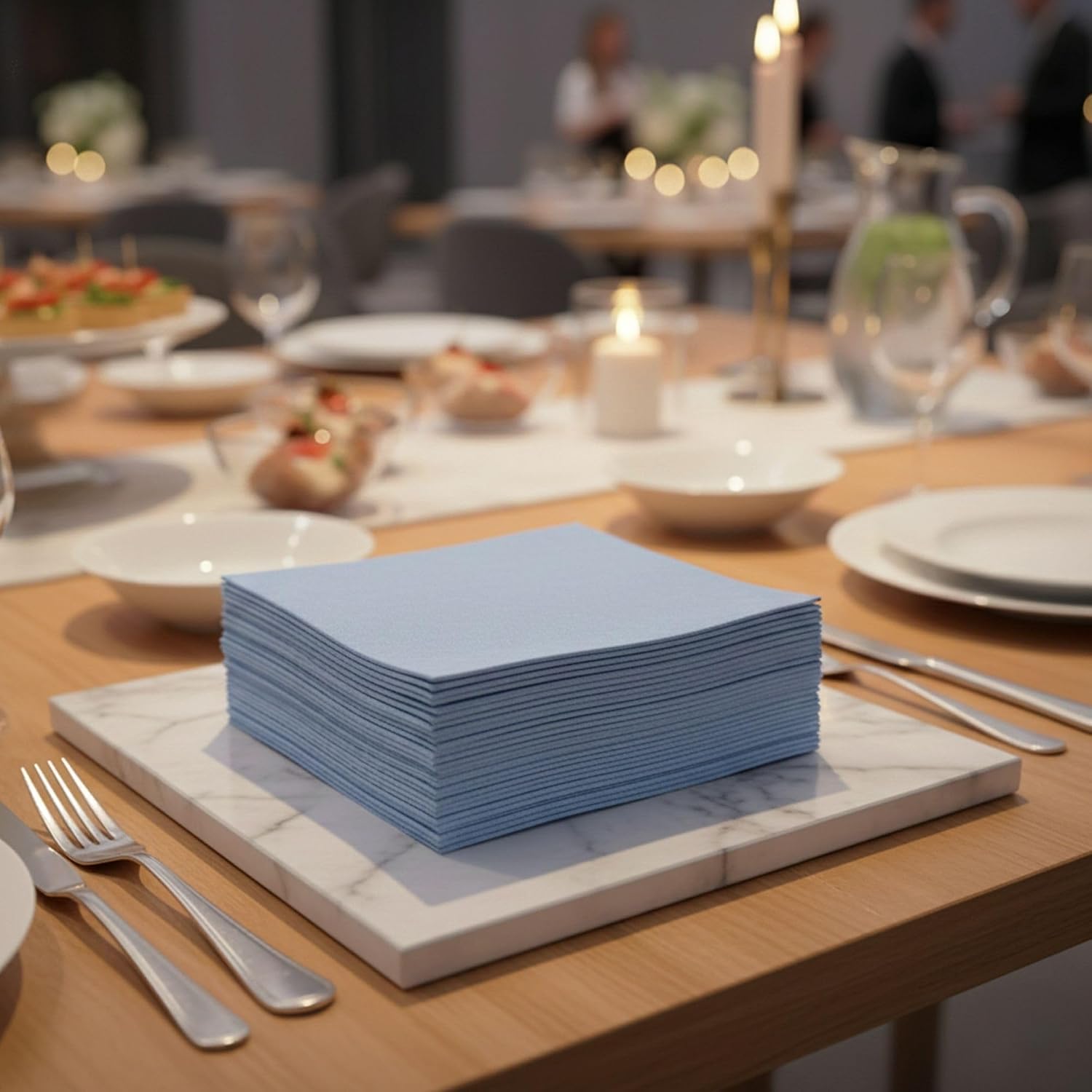 Restaurantware Luxenap 15.75 Inch Disposable Napkins 600 Soft Linen Like Napkins - Absorbent Air Laid Celeste Denim Inspired Paper Cloth Like Napkins Pre-folded For Dinner Party Guests